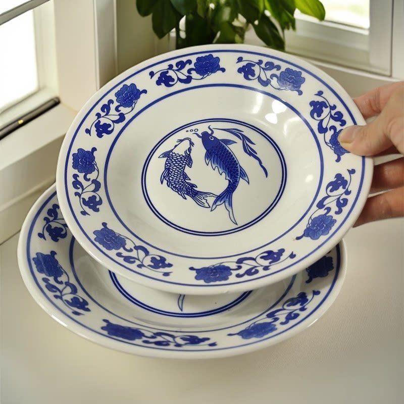釉下彩青花陶瓷双鱼8英寸汤盘碟子 老式菜盘圆形饭店盘子家用碟子