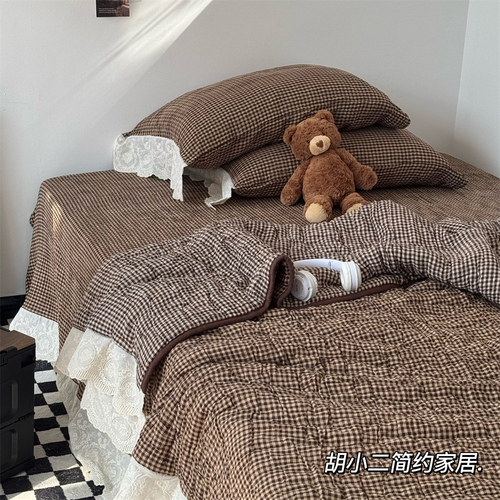 简约小格子十层纱布春秋被可水洗一体被韩式蕾丝花边春秋被子被芯
