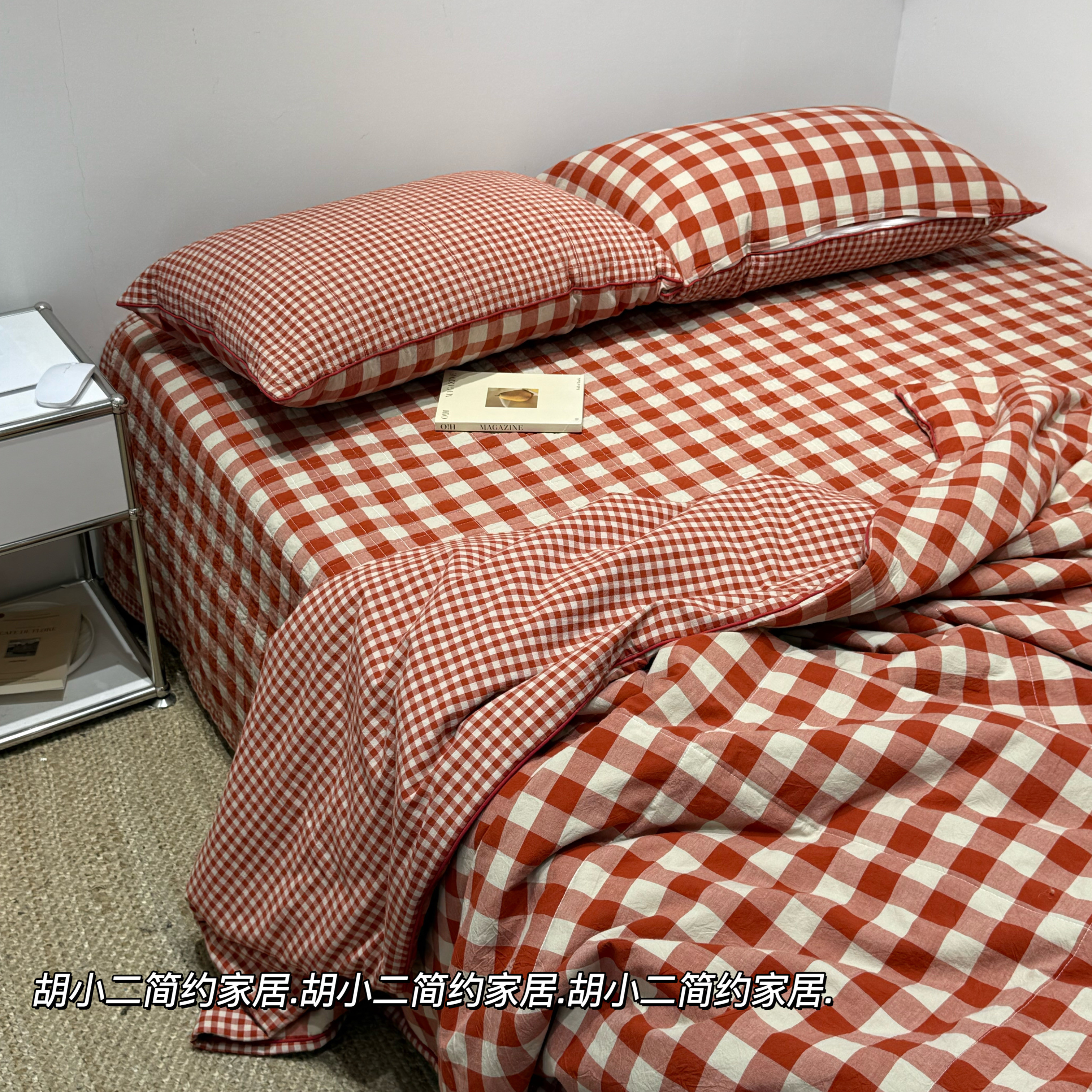 复古红色格子全棉色织水洗棉床盖