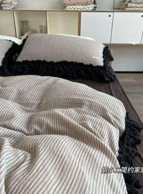 复古条纹荷叶边全棉水洗云绉色织双层纱布四件套双人纯棉床单被套