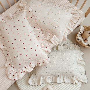 ins小波点爱心全棉双层纱布儿童枕套 荷叶边花边纯棉双层纱枕头套