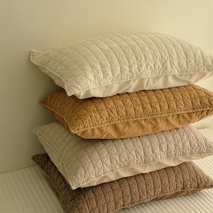 韩系ins80支全棉绗缝夹棉砂洗小方块纯色枕套单只 纯棉成人枕头套