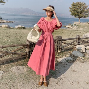 玫红色连衣裙女夏季2025新款后背露腰设计感气质显瘦桔梗法式长裙图片