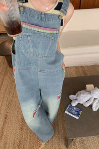 学院风减龄牛仔背带裤女2025春秋新款韩版宽松休闲显瘦直筒连衣裤图片