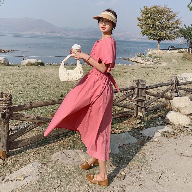 玫红色连衣裙女夏季2025新款后背露腰设计感气质显瘦桔梗法式长裙,女装连衣裙,素依格格