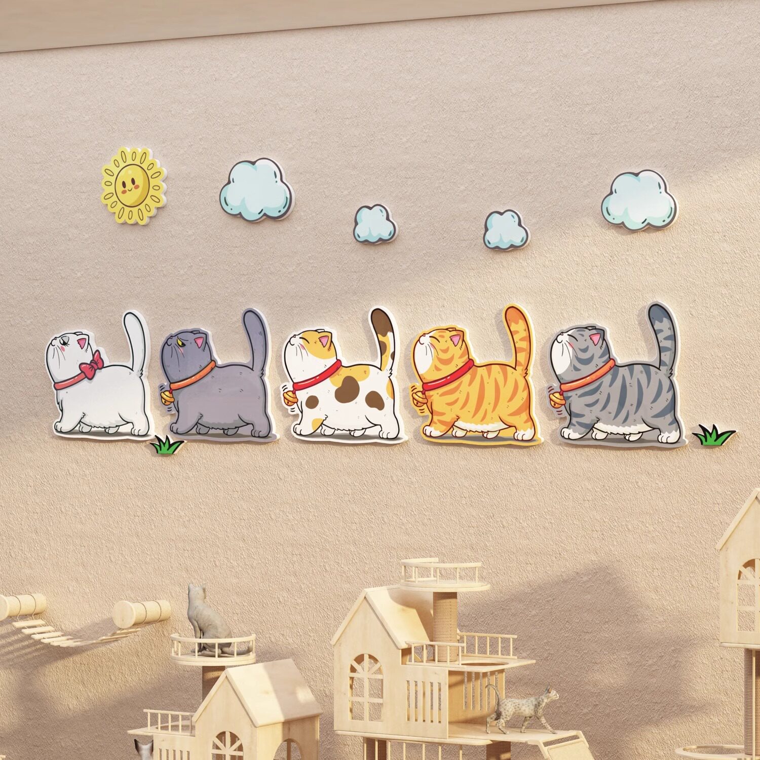 宠物店美容医院文化墙面装饰猫咪咖舍背景贴纸画收银吧台形象创意