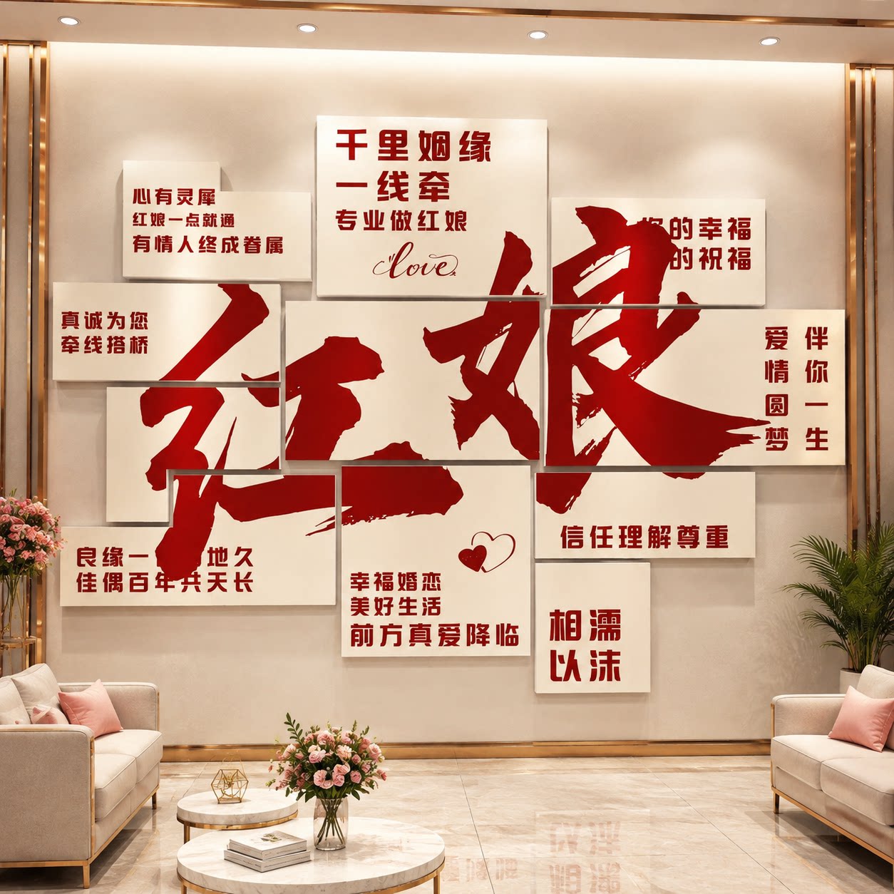 网红婚介所婚恋公司墙面装饰工作室相亲红娘背景广告墙贴形象布置图片