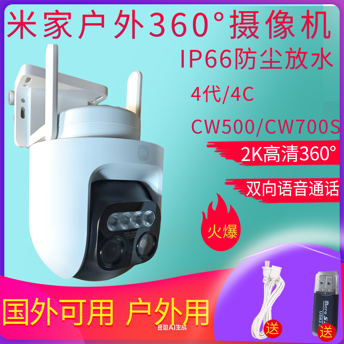 小米室外摄像头户外防水监控360全景家用CW700S海外可用远程国际