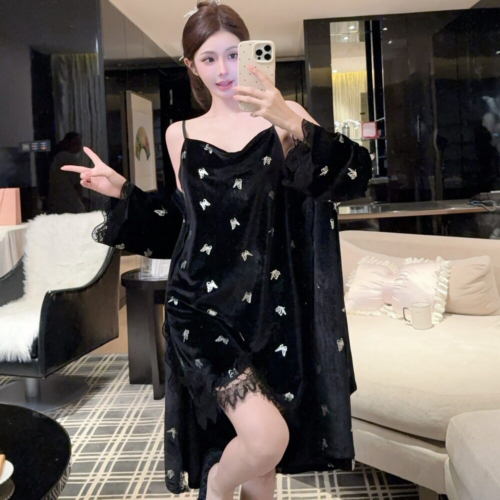 女士金丝绒秋冬款性感蕾丝睡衣烫银蝴蝶吊带睡袍套装两件套家居服