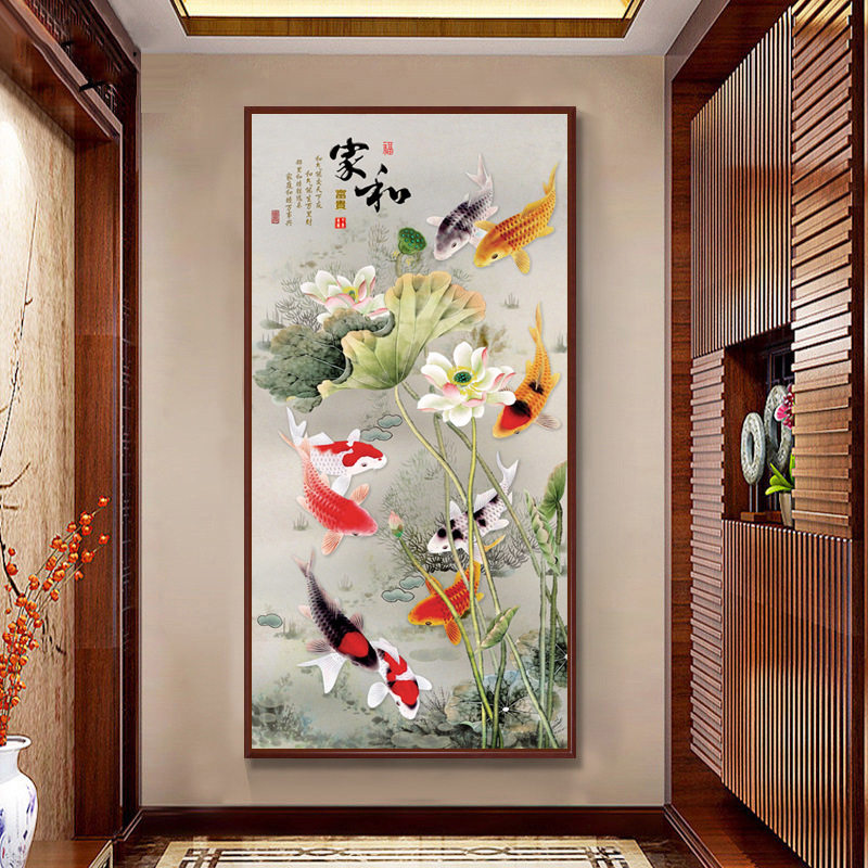 2026新款手工点钻石画竖版玄关走廊荷花九鱼图满钻粘钻线绣十字绣