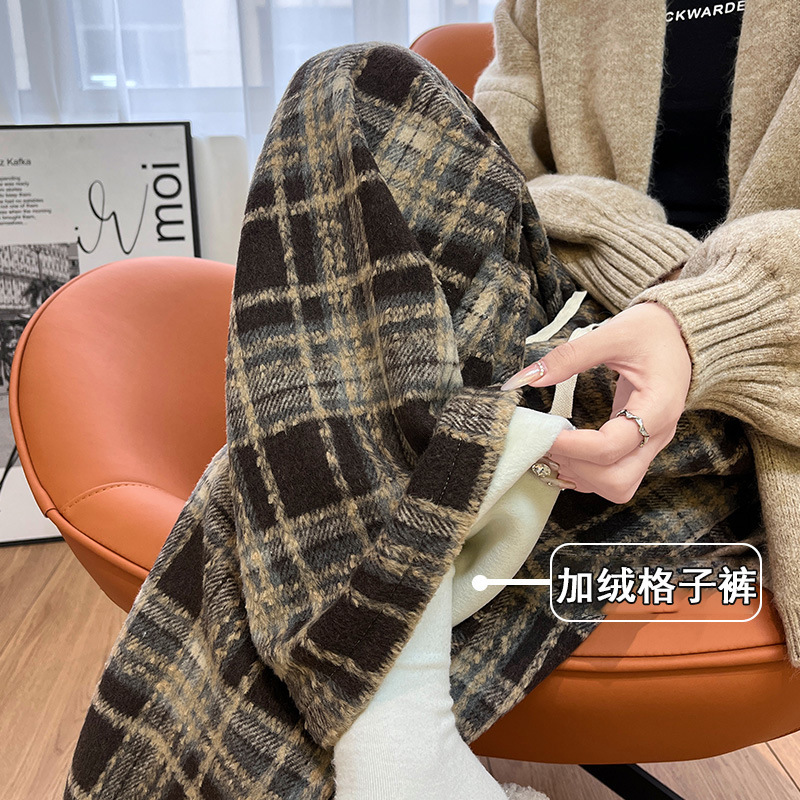 复古格子阔腿裤女秋冬高腰垂感加绒拖地休闲裤