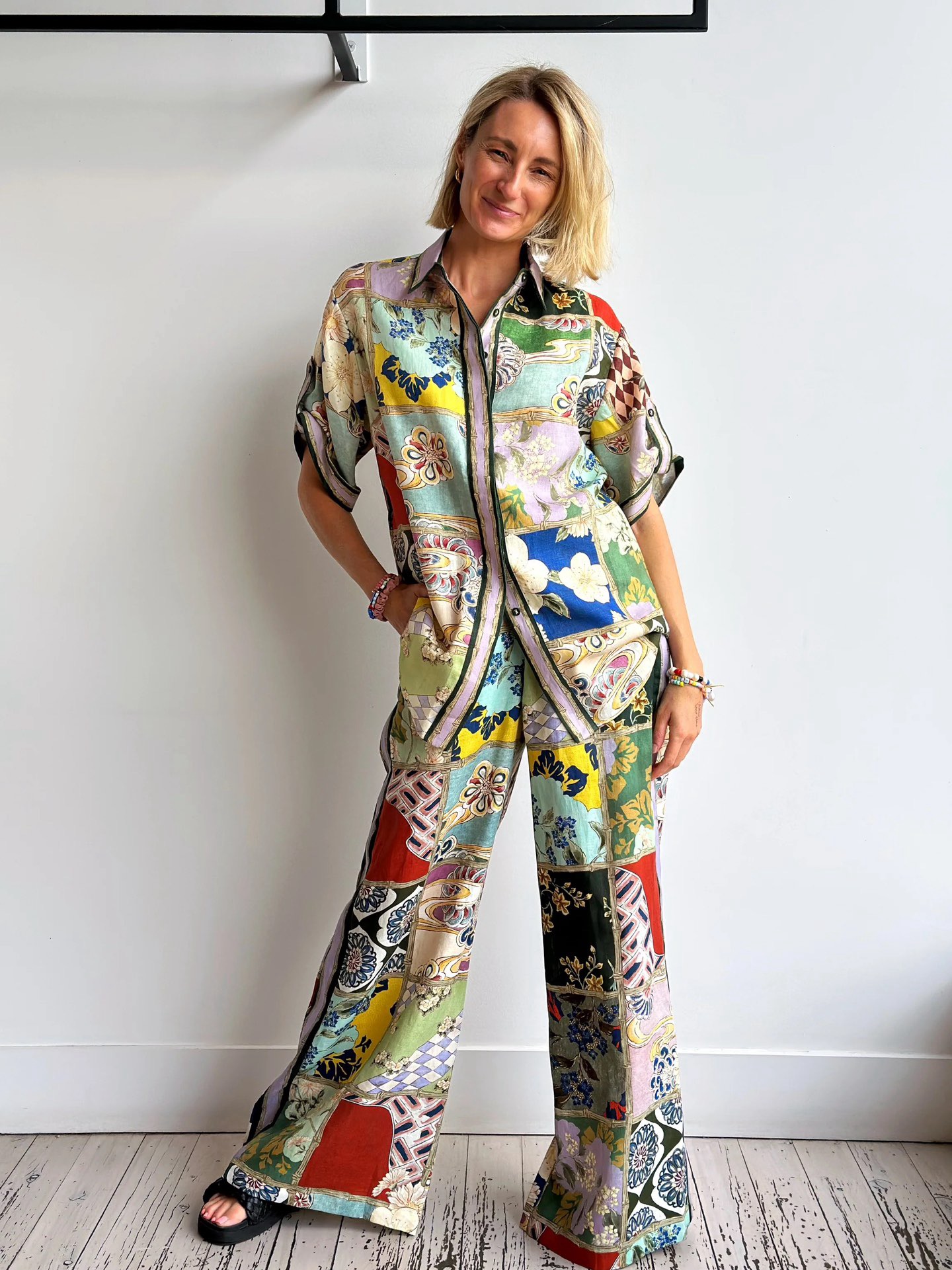 亚麻印花衬衫阔腿裤套装