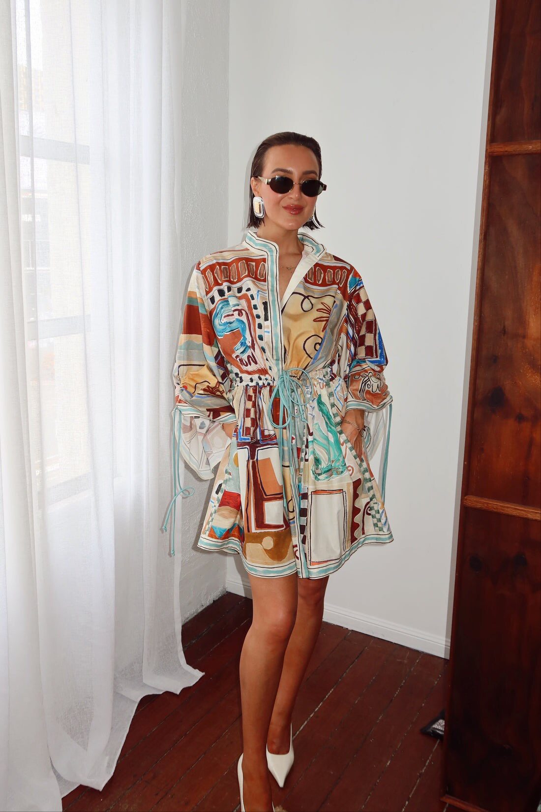 澳洲小众有机棉米歇尔抽绳收腰连衣裙2026新款度假休闲宽松短裙女