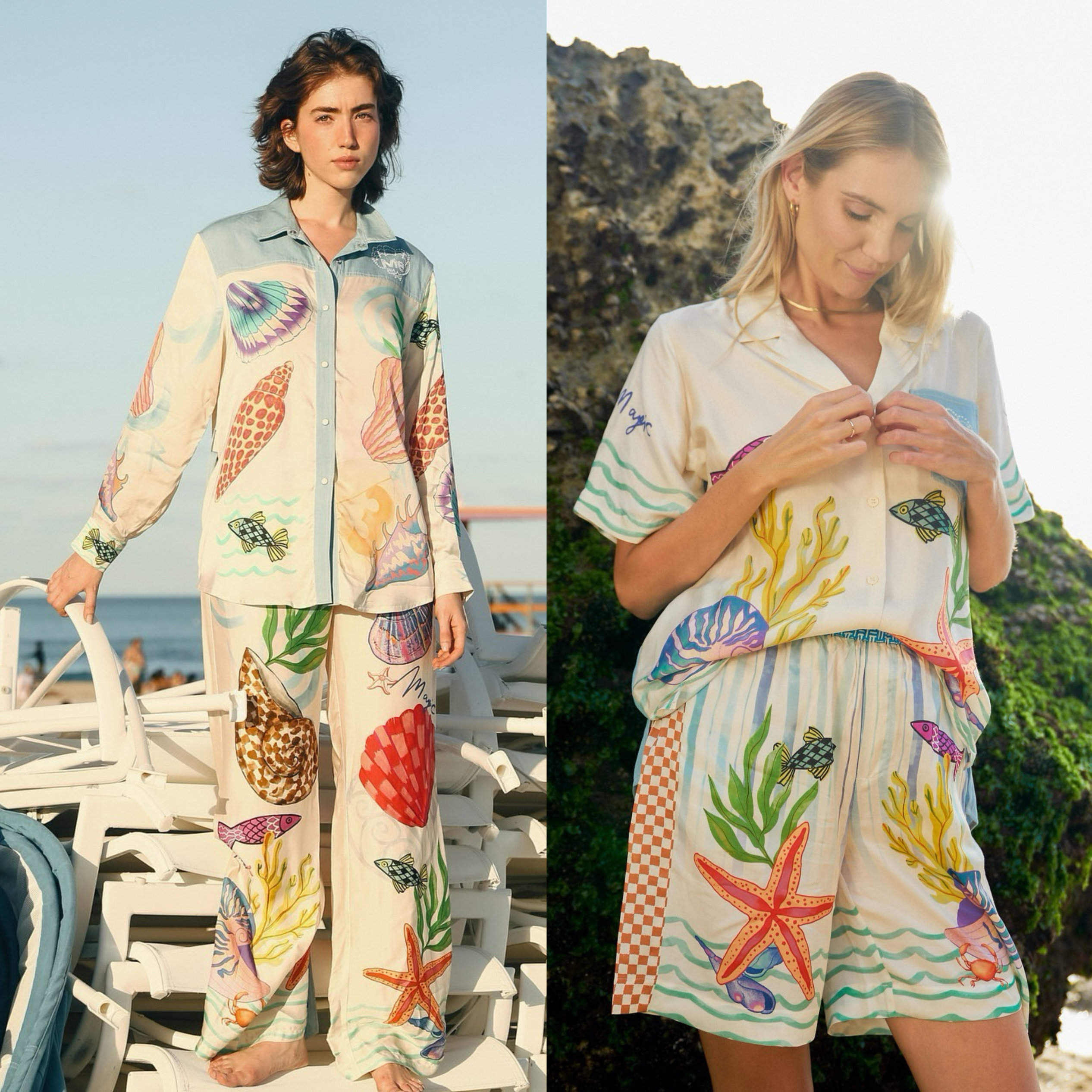 澳洲小众牛仔蓝印花时尚套装2025夏季百搭排扣衬衫+迷你短裤套装