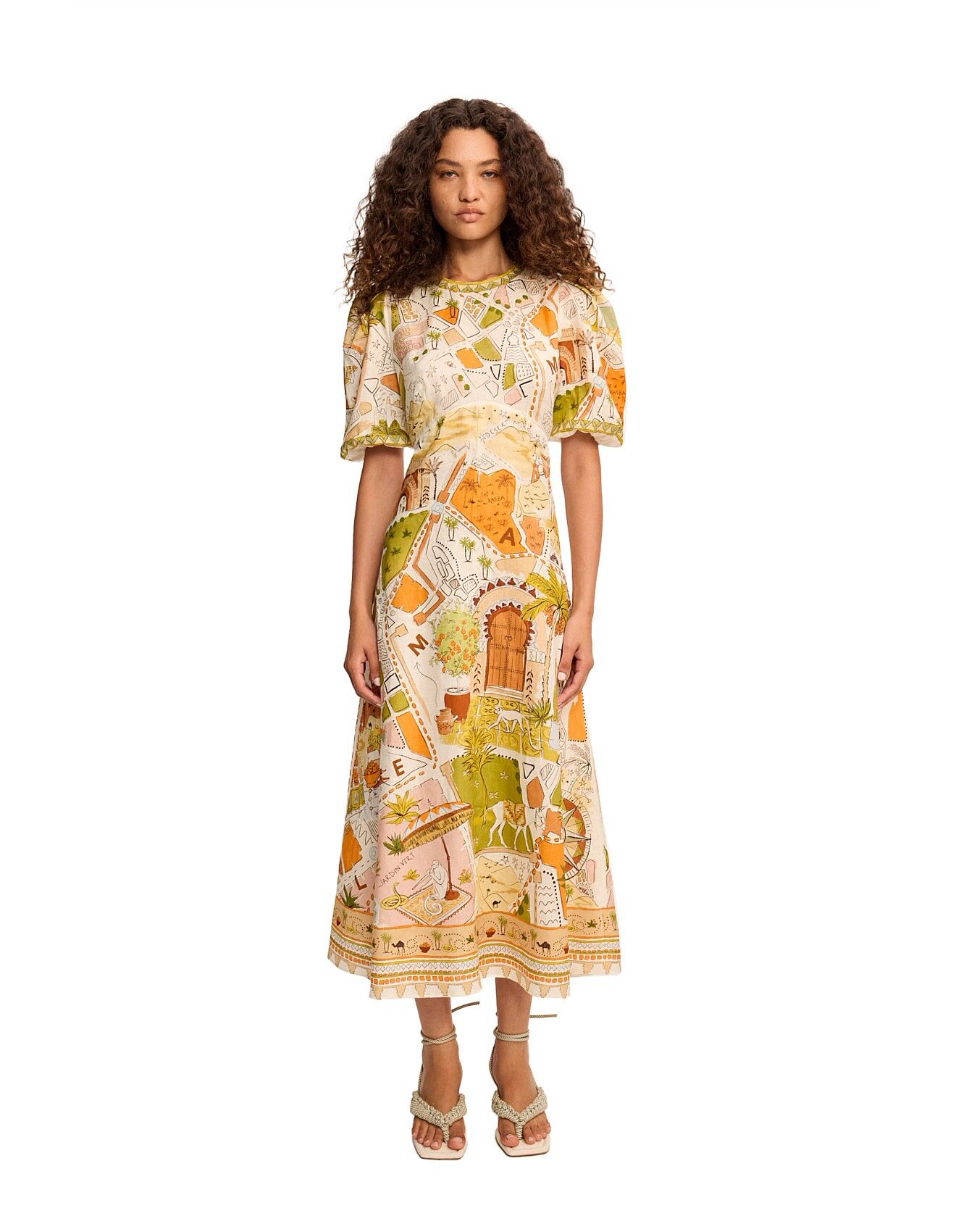 澳洲小众亚麻芥末黄印花泡泡袖收腰连衣裙2026新款度假休闲长裙女