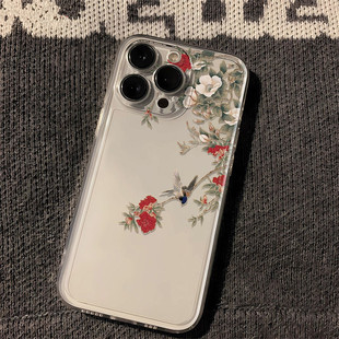 新中式国风花卉刺绣手机壳iPhone透明保护套小清新文艺壳苹果17/16/15/14/13/12/11pro/x/xr/xsmax适用16plus