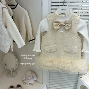【乐恩童装】女童秋冬新款奶黄色背心加绒裙米白色毛衣小香风套装
