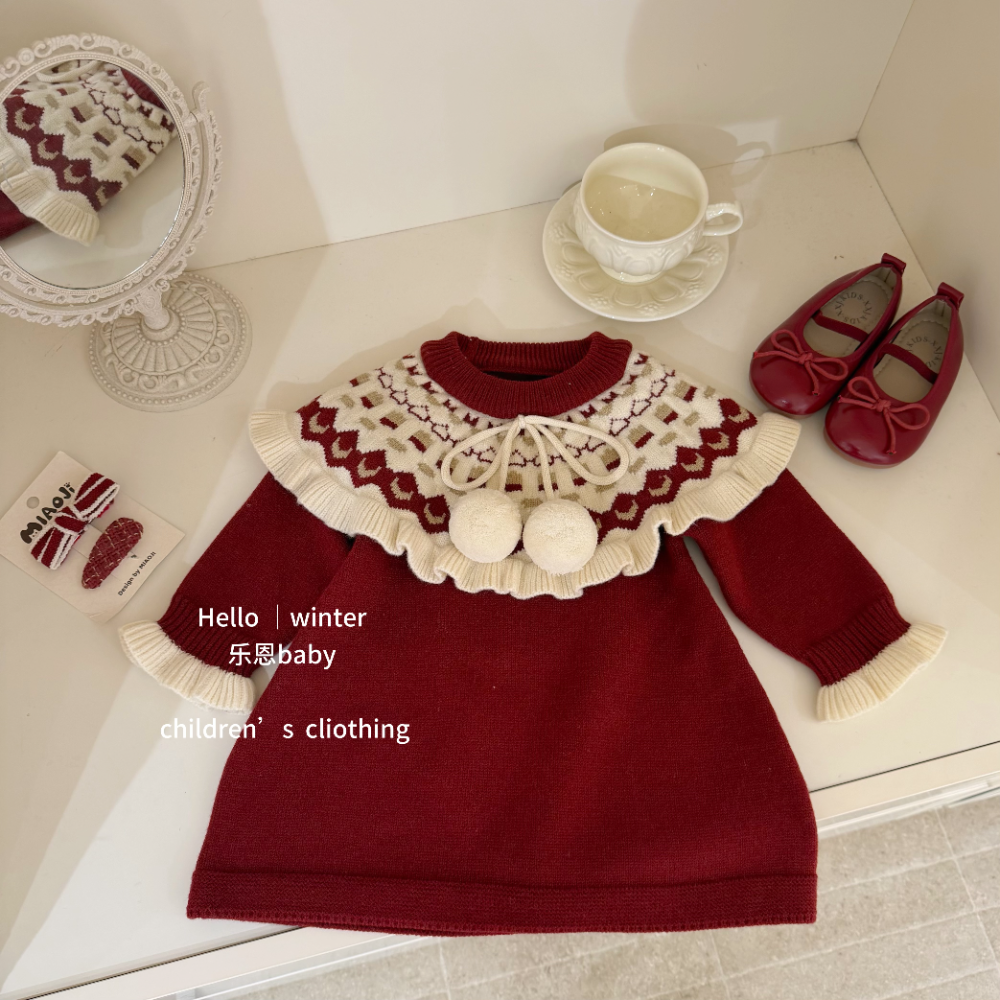 【乐恩童装】原创年服冬季女宝宝红色花边毛衣裙洋气连衣裙韩系裙