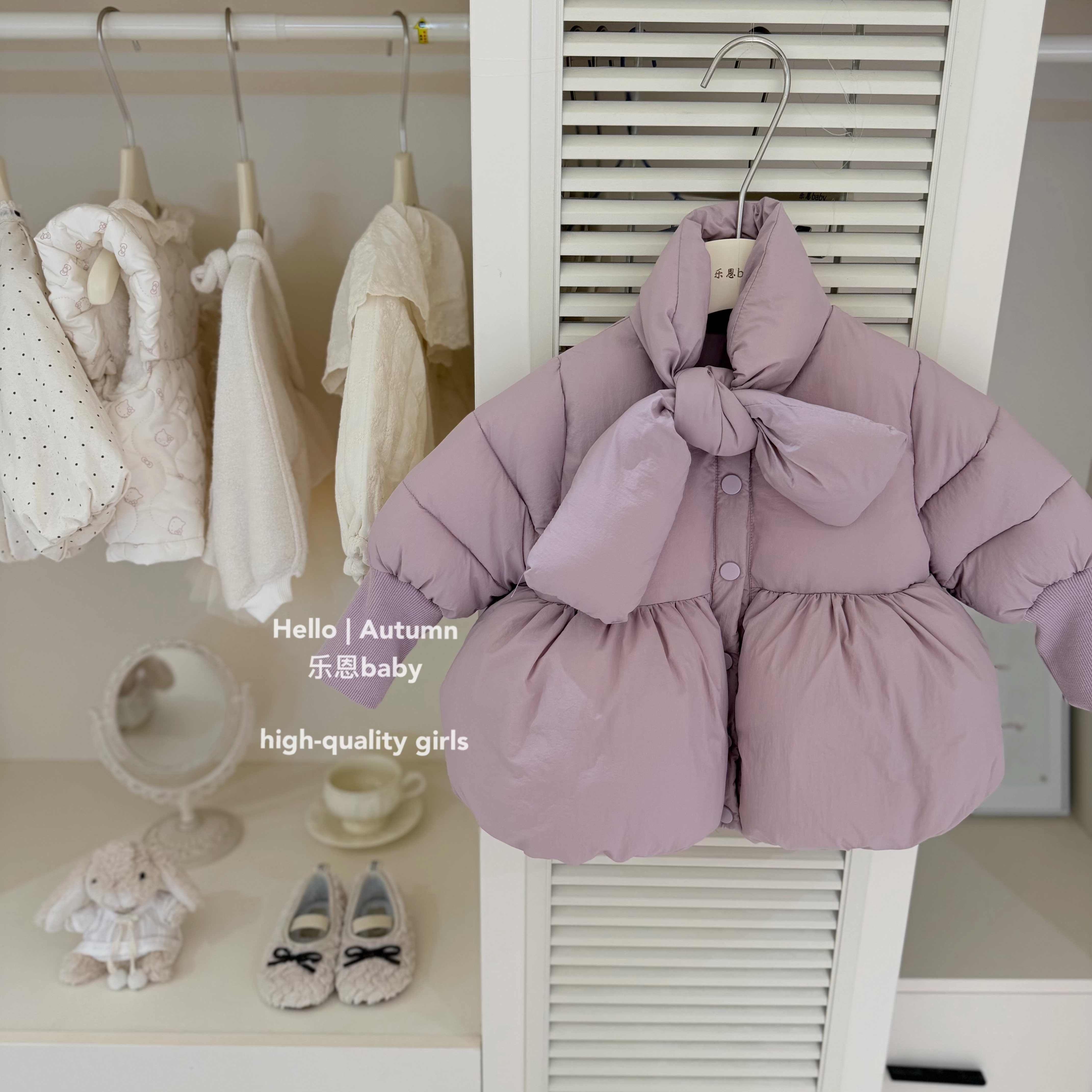 【乐恩童装】2025女童蝴蝶结花苞棉服中长款冬可爱泡泡袖立领外套