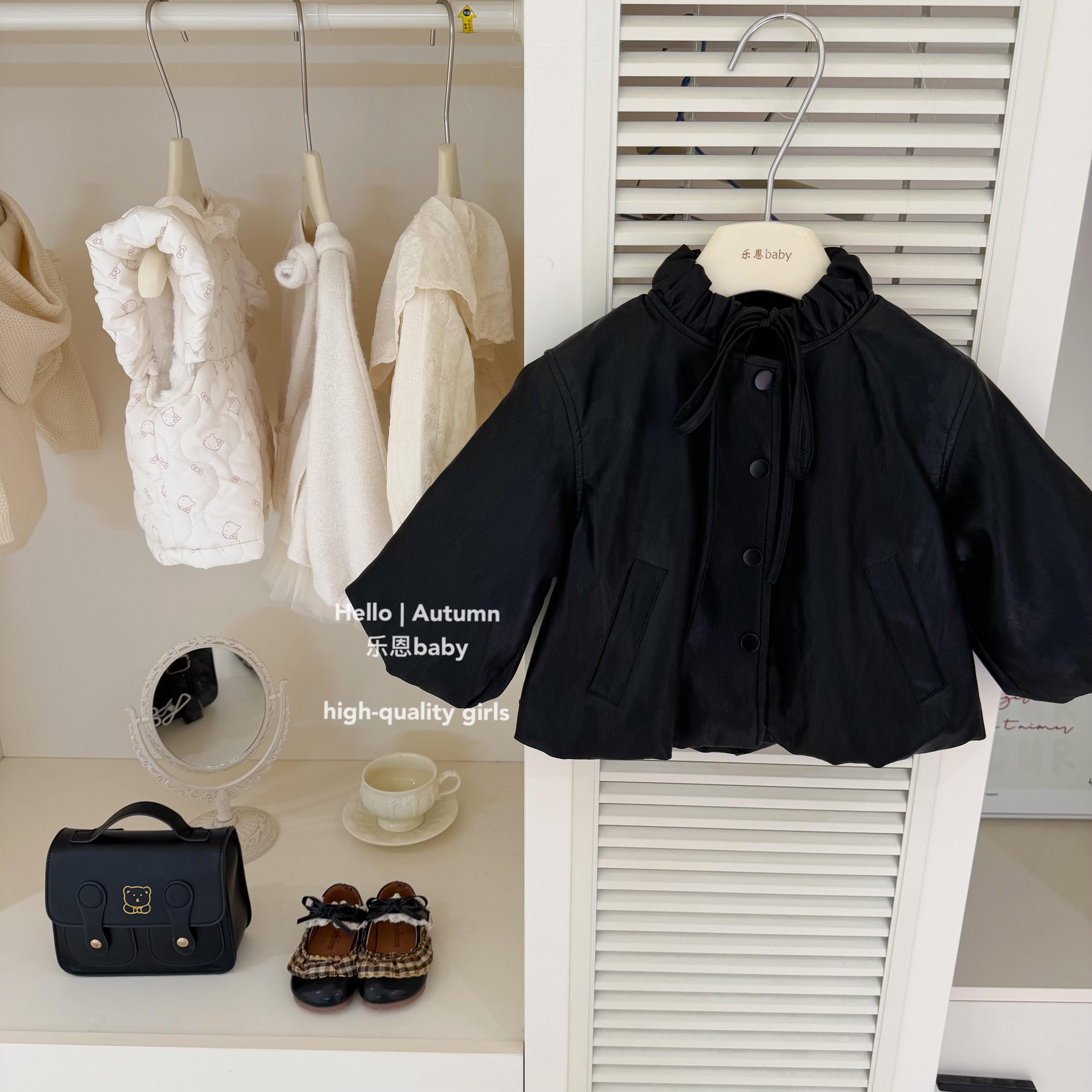 【乐恩童装】原创设计秋冬女童黑色加绒皮衣韩版时髦保暖加厚棉袄