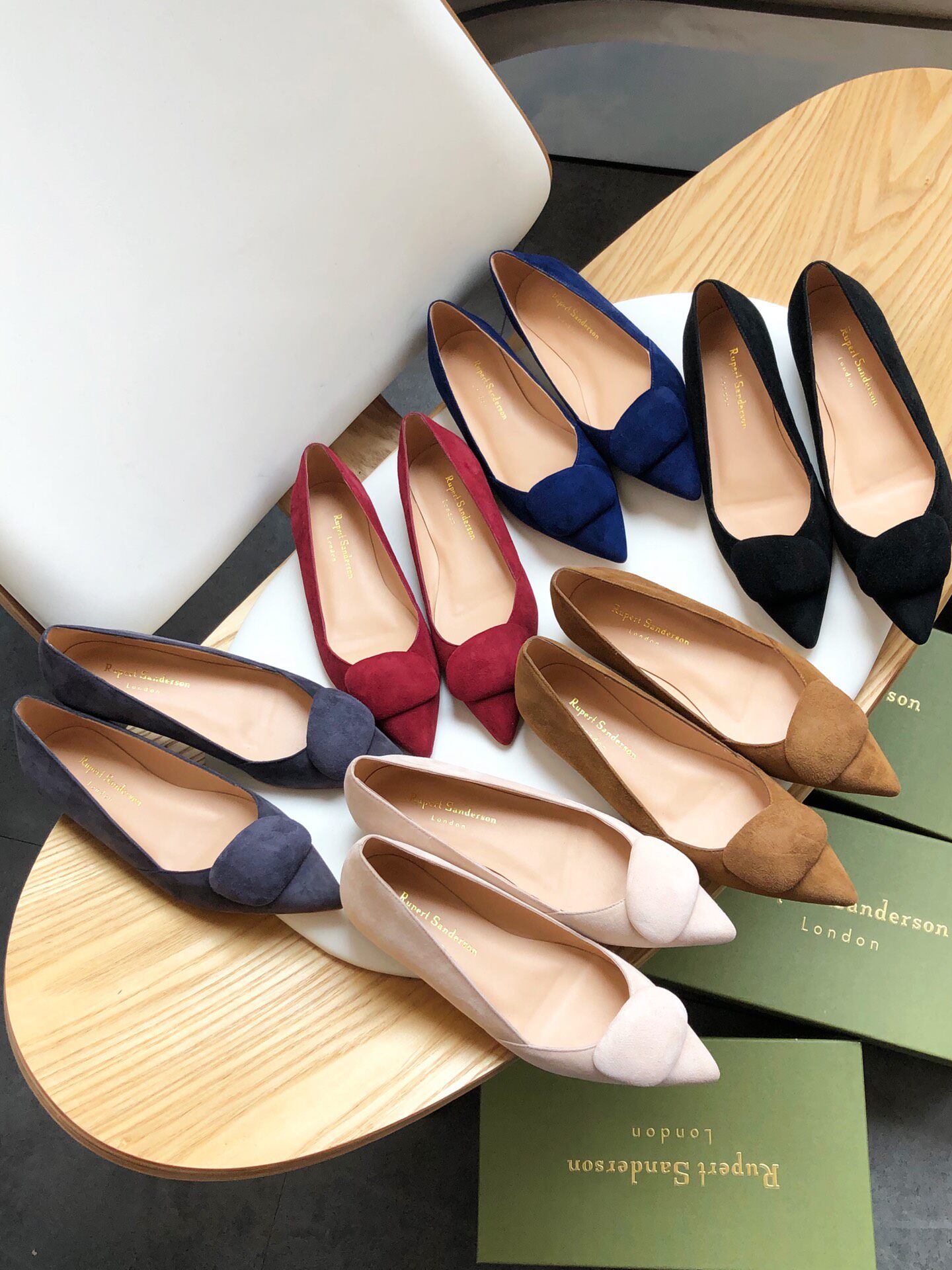 rupert sanderson原单羊反绒真皮大底内里方扣低跟浅口女单鞋绿色