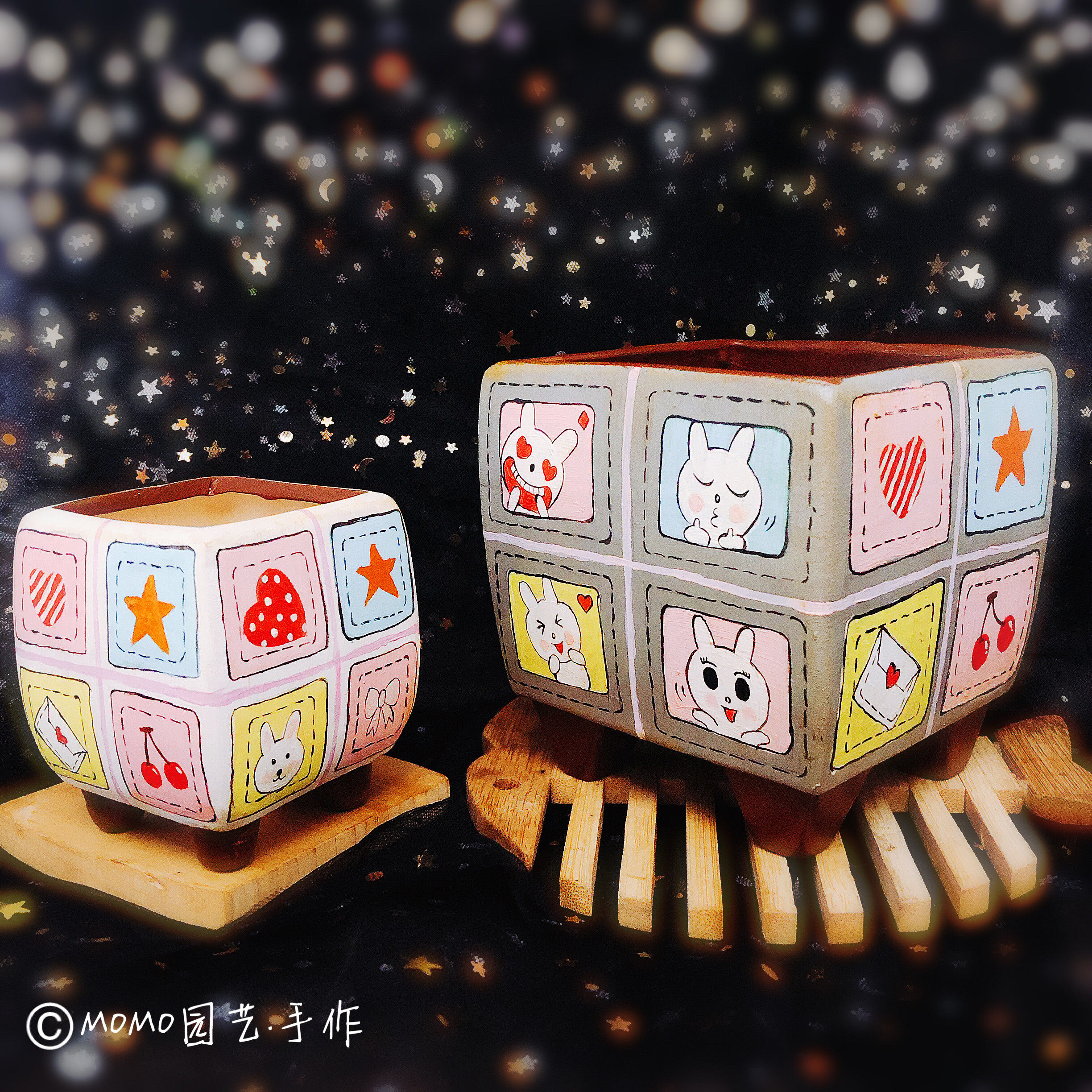 momo园艺手作包邮可爱兔兔子卡通动物小清新蒂芬妮蓝手绘花盆多肉