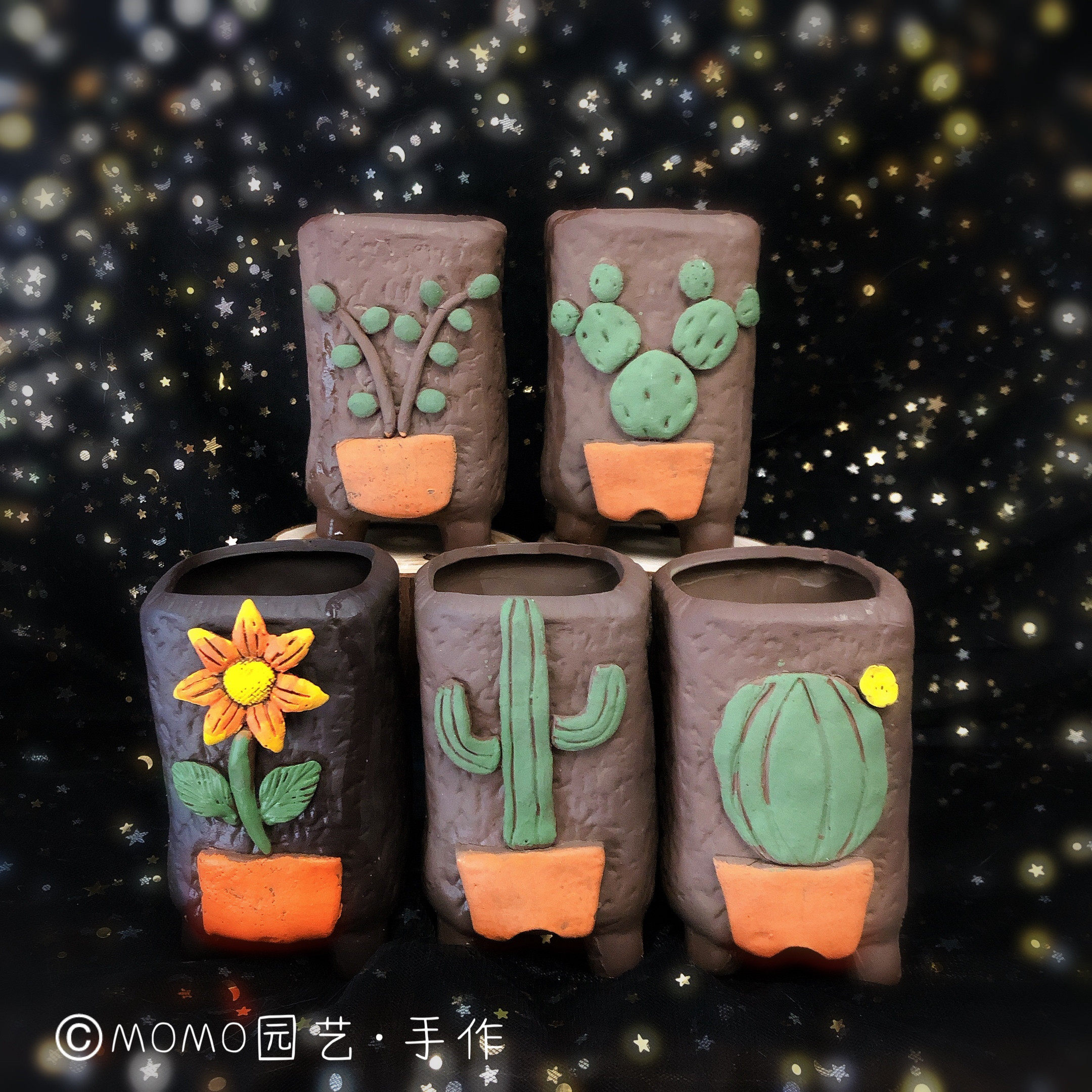momo园艺手作包邮立体仙人球掌可爱花朵简约釉烧手绘多肉花盆紫砂