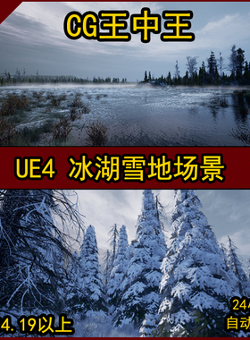 UE4虚幻影视北境冬天冰雪景雪松森林树木冰湖泊冰面材质寒气素材
