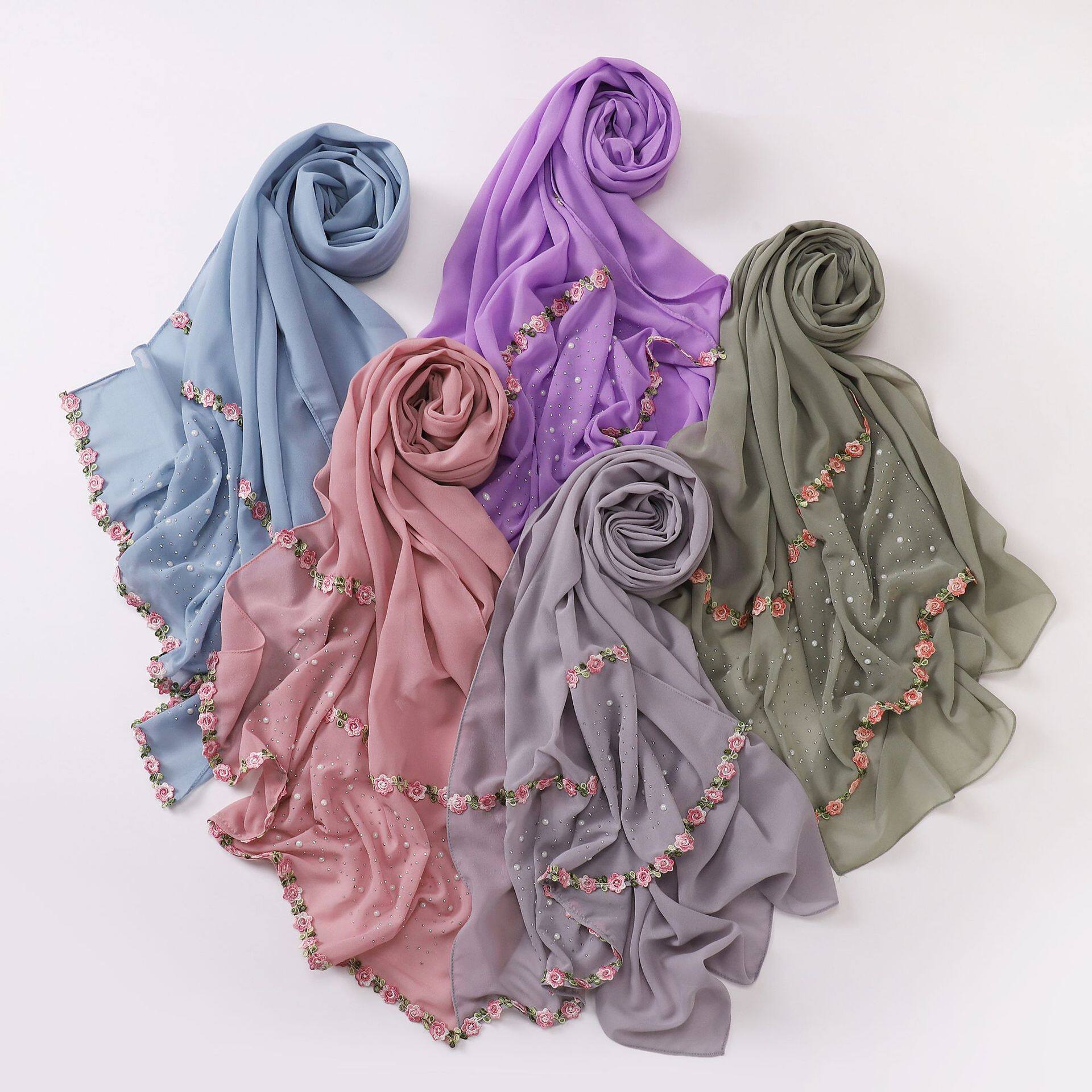 floral chiffon shawl rosescarf陶瓷烫钻珍珠雪纺围巾田园风披肩