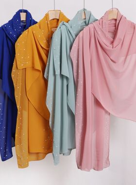 chiffon rhinestone shawl Perl scarf 珍珠雪纺两边陶瓷烫钻长巾
