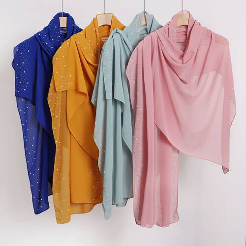 chiffon rhinestone shawl Perl scarf 珍珠雪纺两边陶瓷烫钻长巾