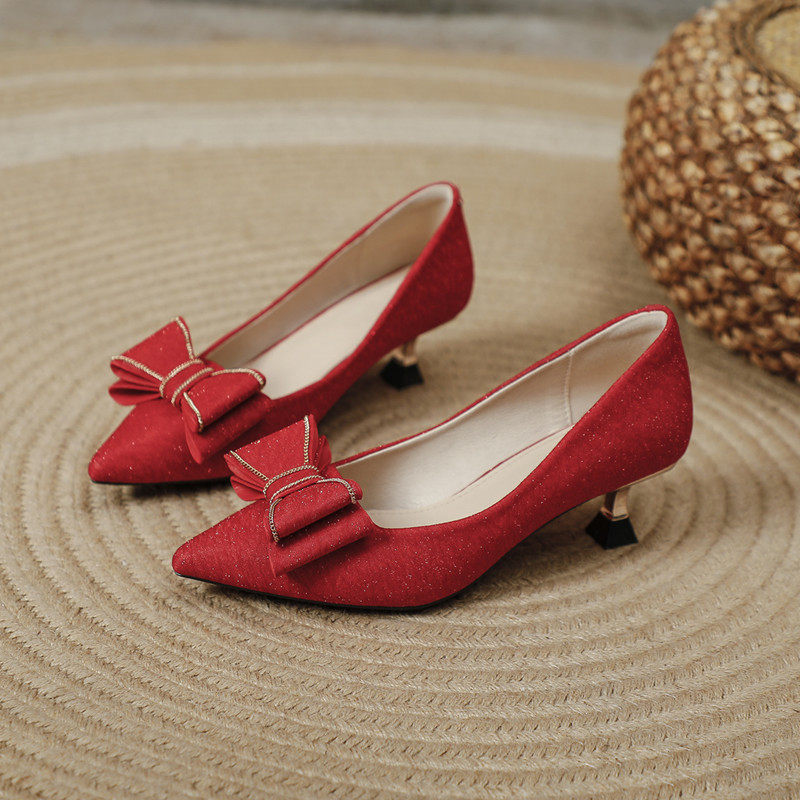 红色尖头高跟鞋女2021新款细跟单鞋女百搭蝴蝶结仙女风婚鞋新娘鞋