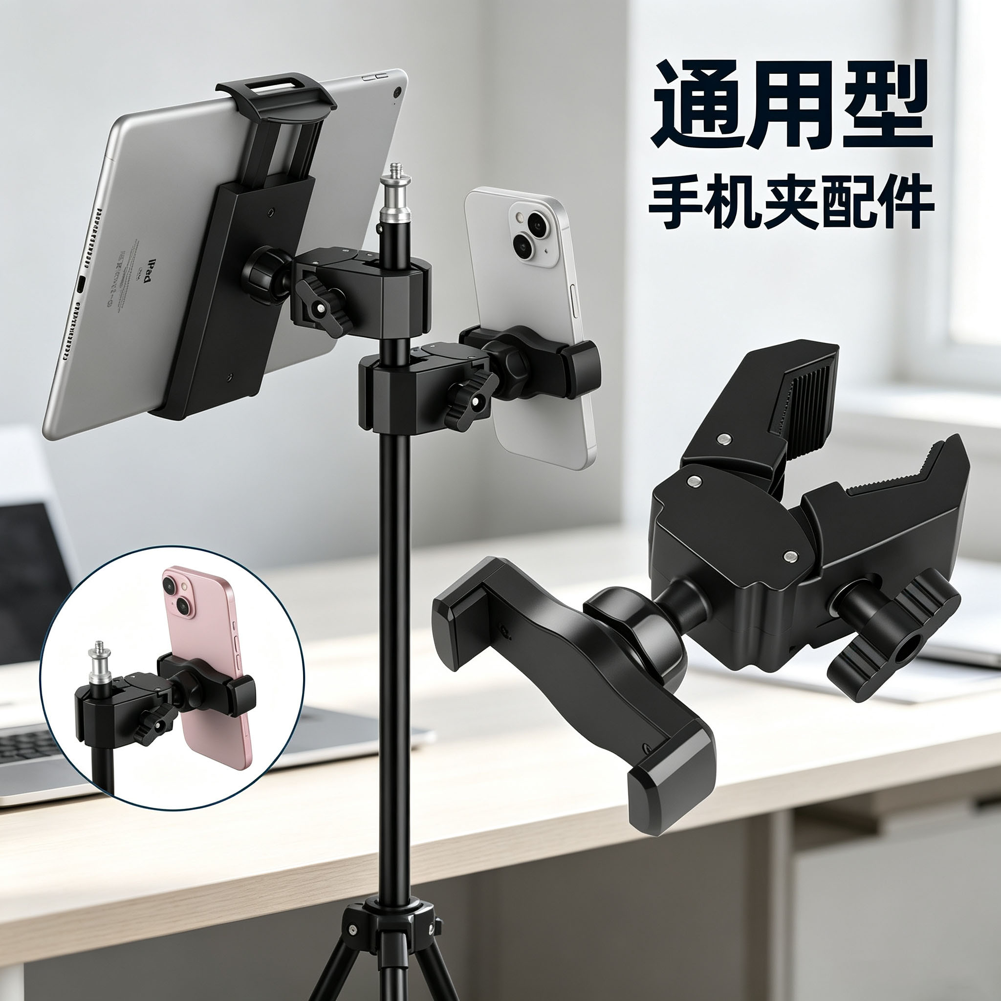 手机支架扩展夹增机位蟹钳大力夹多机位直播三脚架管杆单车固定夹
