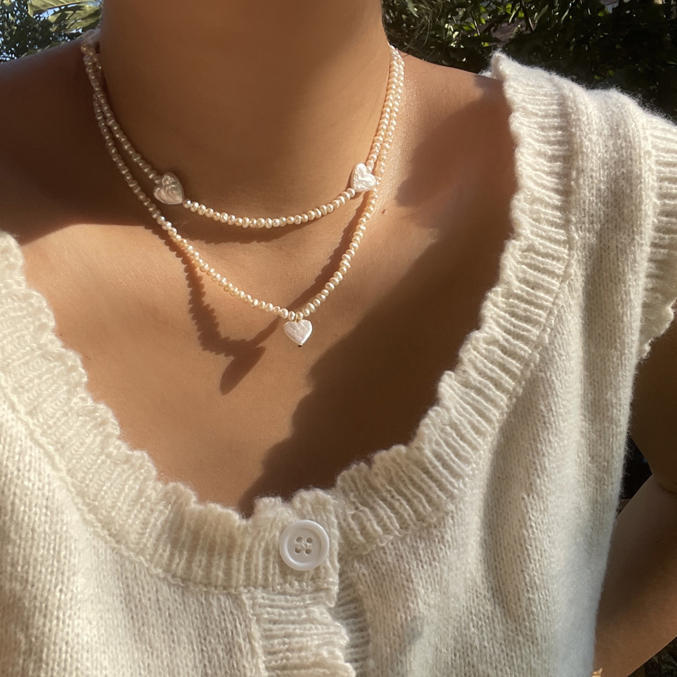 sunball《》秋冬新法式珍珠项链甜美爱心叠戴仙女锁骨链