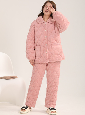 佳洁儿113242冬季女士纯色加厚法兰绒夹棉家居服套装