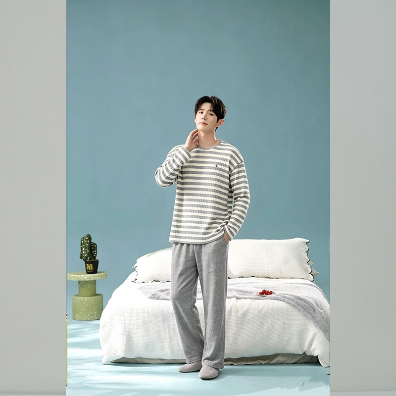 佳洁儿65028秋季男士条纹山羊绒棉家居服套装