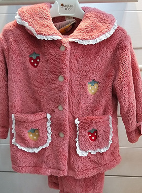 欧卡拉83054秋冬季女童长毛绒绣草莓家居服套装
