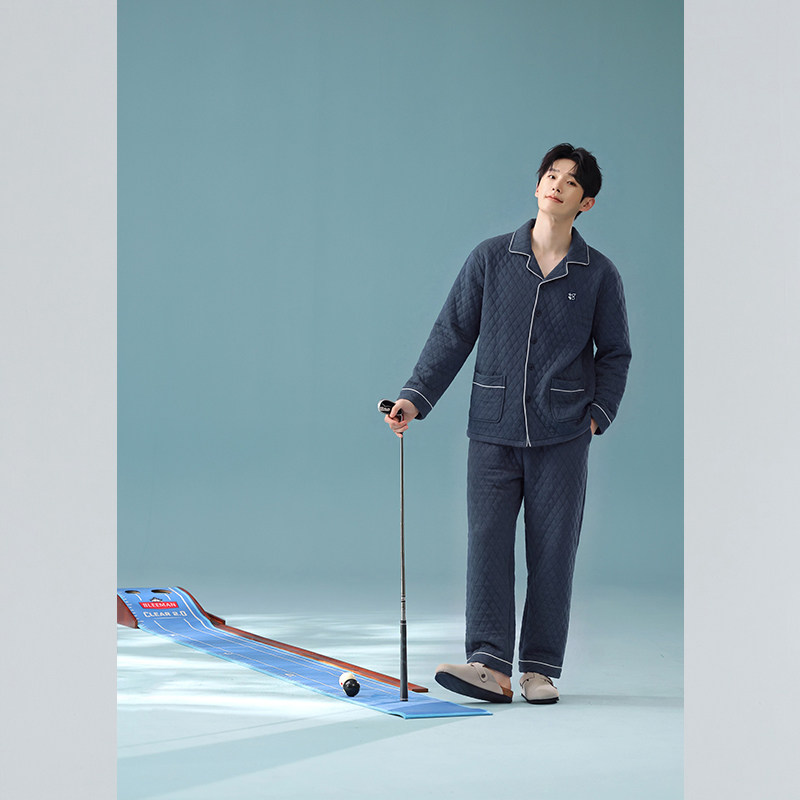 佳洁儿68001秋季男士纯色双层全棉夹层棉家居服套装