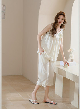 雅巧22821夏季女士背心中裤纯色天丝棉提花家居服套装