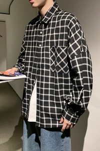 港风秋季新款外穿长袖衬衫男  百搭休闲格子衬衣外套CS24/P45图片