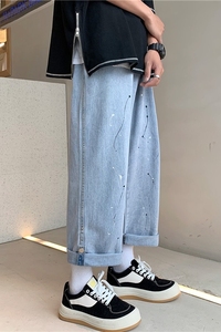 港风个性牛仔裤男 韩版潮流宽松休闲裤直筒九分裤N/图片