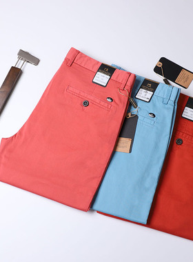 夏季薄款男士彩色休闲裤橙色棉宽松直筒商务中青年红色长裤子潮流