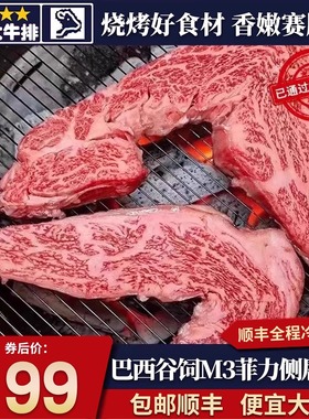 包邮4斤巴西m3菲力侧唇牛排原切安格斯谷饲烧烤小牛肋条清真牛肉