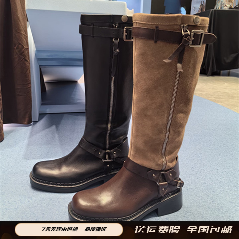 2025年秋冬新款东十街棕色复古骑士靴长靴时装靴粗跟女靴EIH04DG5