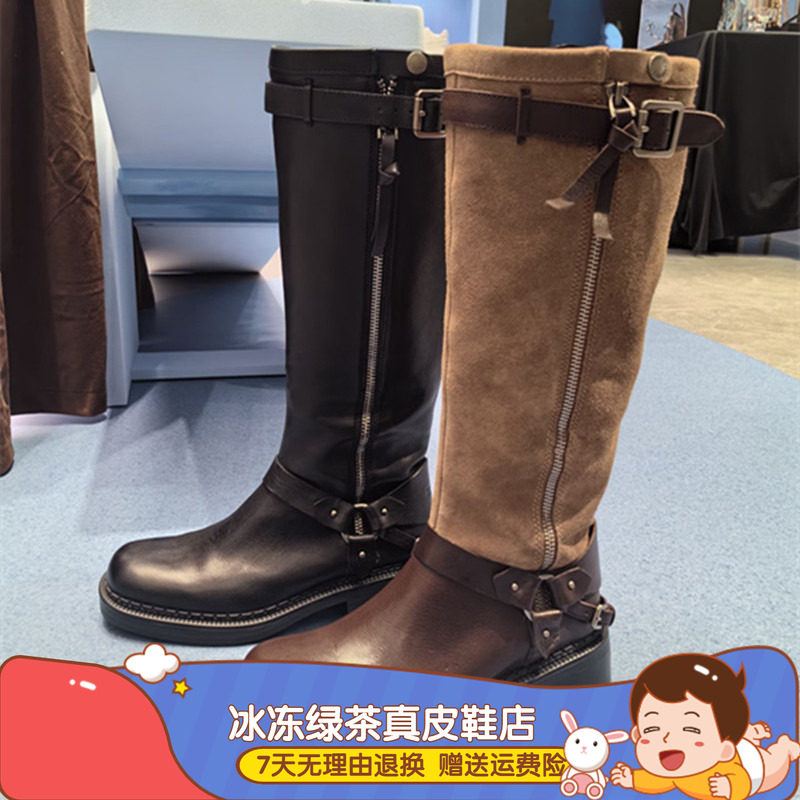 2025年秋冬新款东十街棕色复古骑士靴长靴时装靴粗跟女靴EIH04DG5