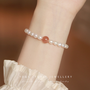 《灼灼其华》天然日光石强光淡水珍珠手链弹力绳手串太阳石气质