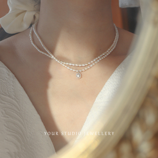 轻奢法式极小天然淡水珍珠双层项链水滴吊坠纯银925锁骨链礼物女