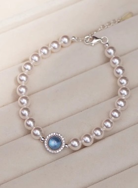 鲛人泪天然海蓝宝石纯银珍珠手链