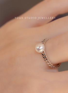超A中性戒指甜酷天然珍珠戒指戒子925银精工高级感小众设计可调节