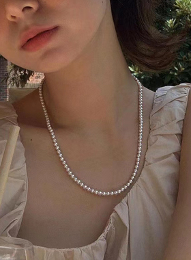 fever同款4mm加长施华洛珍珠项链正品自制925银元宝扣礼物锁骨链